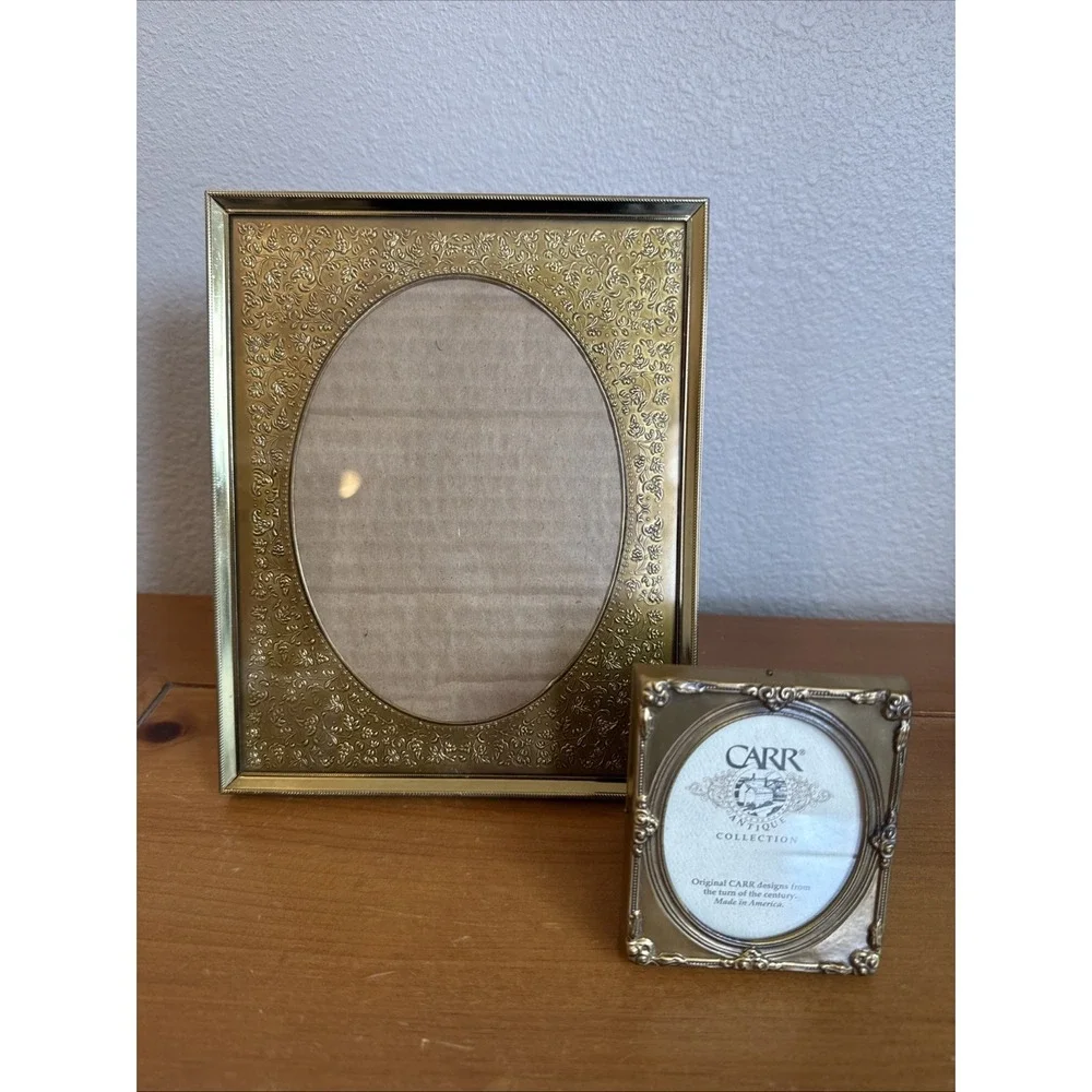 Pair Vtg Gold Tone Metal Picture Frames Embossed Filigree Border Oval Opening